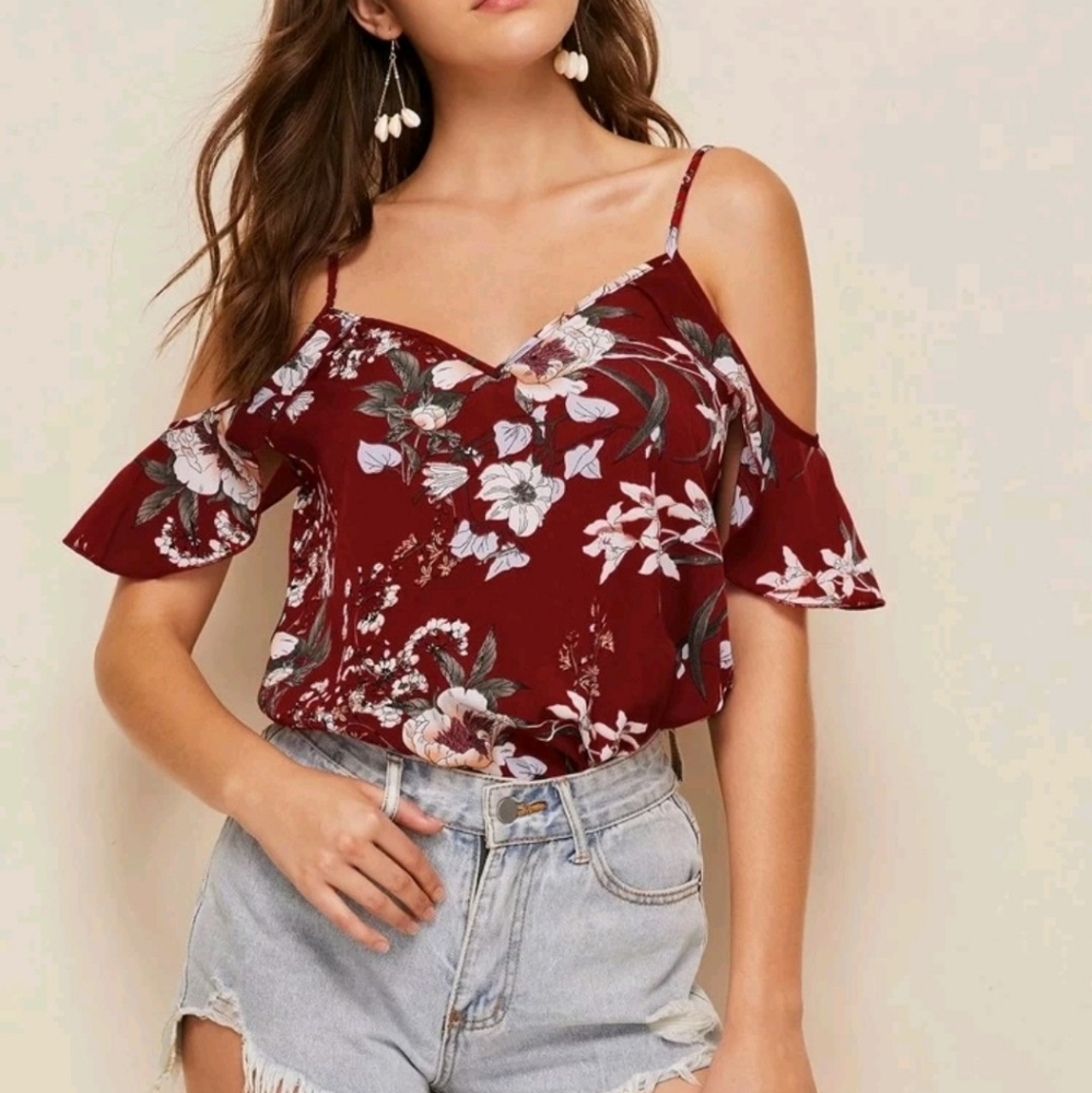 Shein Cold shoulder tropical print top